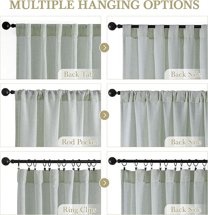 Natural Linen Green Semi-Sheer Curtains 54 Inch Long 2-Piece Set for Bedroom Living Room, Back Trolley Pocket Farmhouse Bohemian Linen Textured Light Filtering Curtains, Sage Green