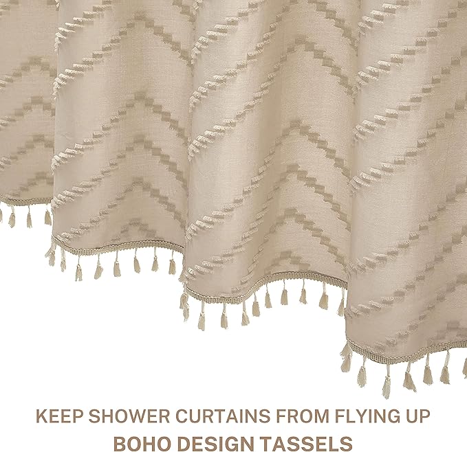 Boho Farmhouse Shower Curtain Woven Fabric Cute Beige Shower Curtain, 72 x 72 Tufted Chevron Textured Striped Modern Farmhouse Minimalist for Bathroom