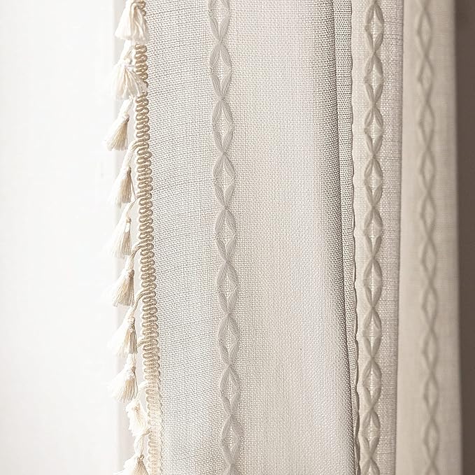 White Bohemian Curtains 84 Inches Long for Bedroom Living Room, Cream Chic Linen Cotton Embroidery Semi-Blackout Bohemian Farmhouse Curtains with Vintage Tassels, 1 Panel 52 Inches Wide x 84 Inches Long
