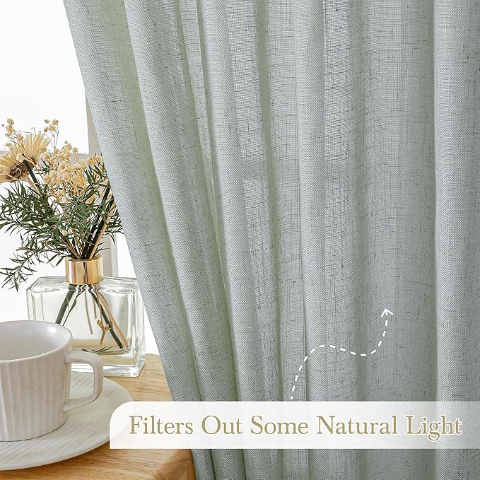 Natural Linen Green Semi-Sheer Curtains 54 Inch Long 2-Piece Set for Bedroom Living Room, Back Trolley Pocket Farmhouse Bohemian Linen Textured Light Filtering Curtains, Sage Green