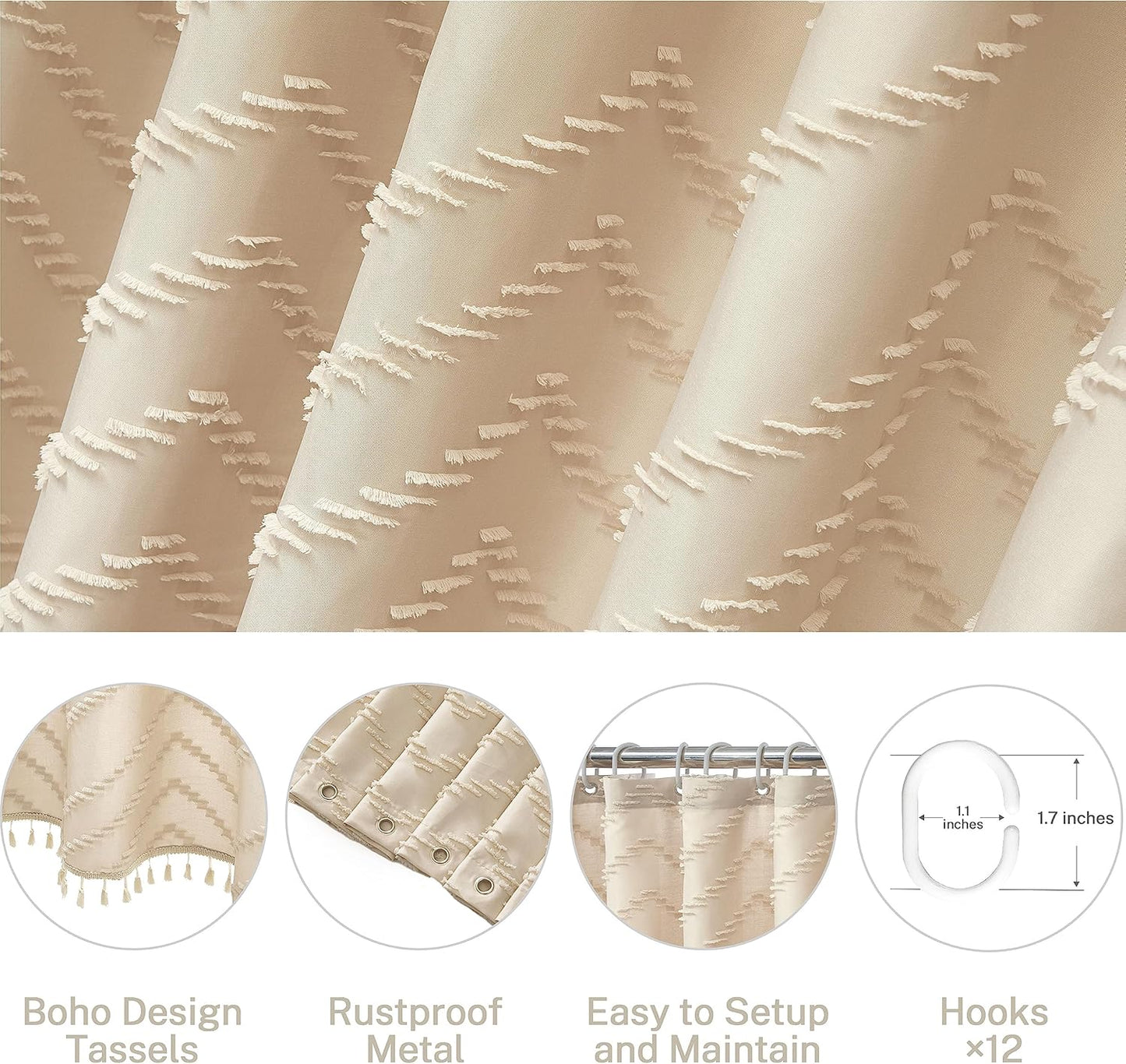 Boho Farmhouse Shower Curtain Woven Fabric Cute Beige Shower Curtain, 72 x 72 Tufted Chevron Textured Striped Modern Farmhouse Minimalist for Bathroom
