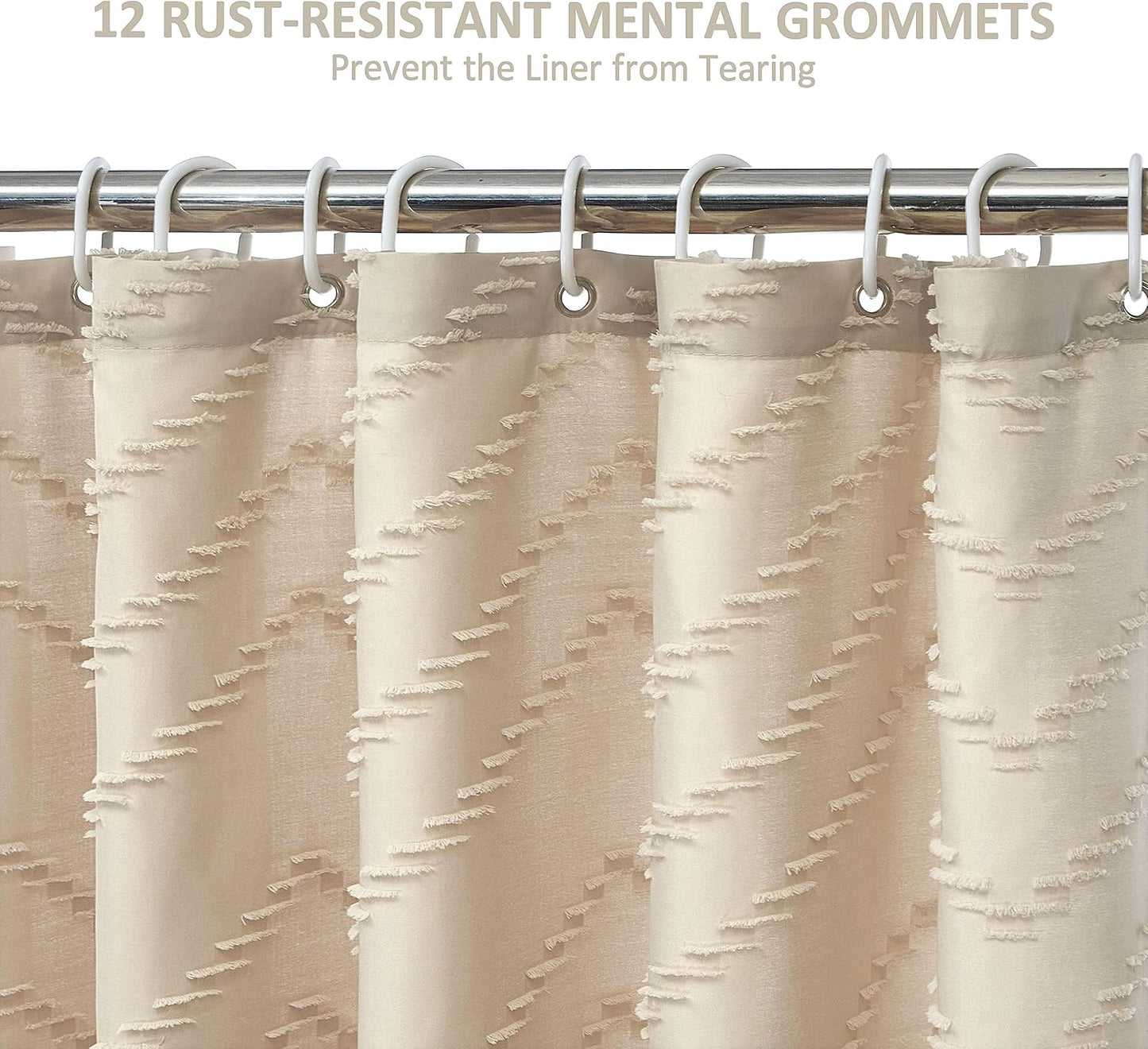 Boho Farmhouse Shower Curtain Woven Fabric Cute Beige Shower Curtain, 72 x 72 Tufted Chevron Textured Striped Modern Farmhouse Minimalist for Bathroom