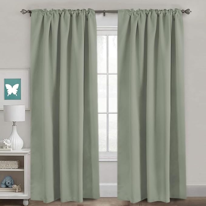 Blackout Curtains Thermal Insulated Curtain Fabric Blackout Curtains Living Room Back Pull Ring/Rod Pocket Bedroom Curtains 52 x 84 Inches Light Sage 2-Pack