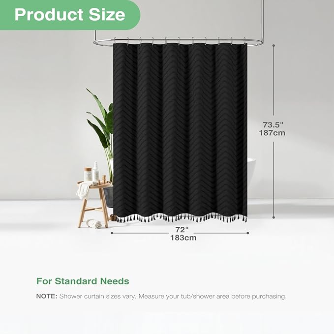 Farmhouse Shower Curtain, Black Fabric Tufted Chevron Stripe Textured Tassel Bathroom Shower Curtain, Waterproof, Simple Ruffle Fabric Shower Curtain Set with Hooks, 72x72