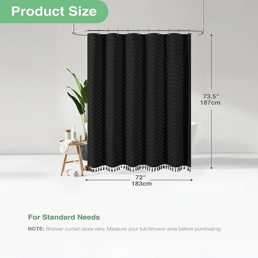 Farmhouse Shower Curtain, Black Fabric Tufted Chevron Stripe Textured Tassel Bathroom Shower Curtain, Waterproof, Simple Ruffle Fabric Shower Curtain Set with Hooks, 72x72