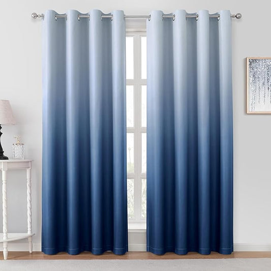Navy Blue Gradient Blackout Curtains 52 x 84 Inches Long Gradient Room Blackout Insulation Energy Saving Grommet 2 Panel Curtains for Living Room, Bedroom