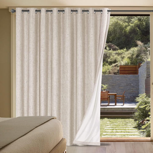 Linen Blackout Curtains Durable Thick Textured Linen Look 100% Blackout Patio Door Curtain Rust-Resistant Grommets Extra Wide Sliding Curtain 100" W x 84" L - Natural