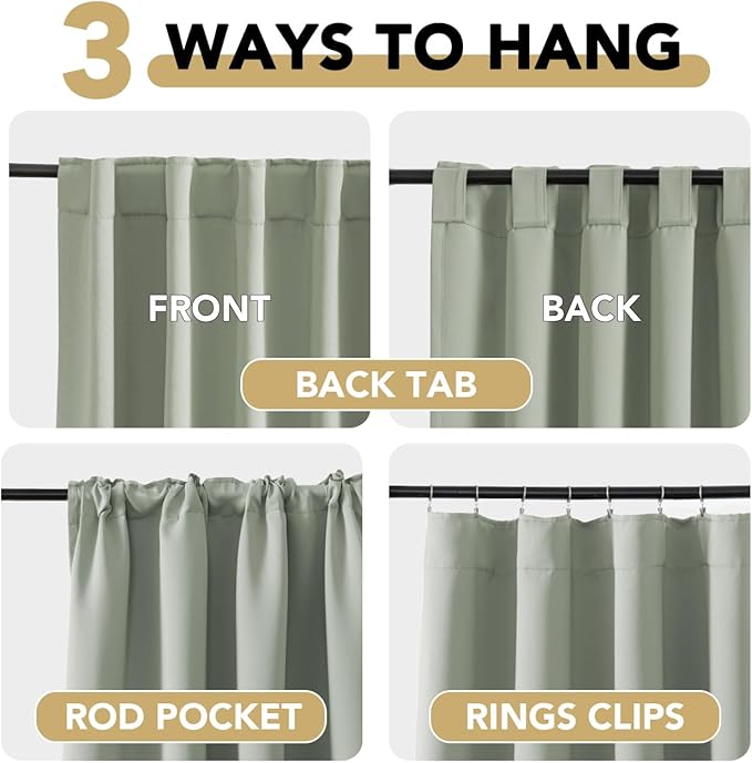 Blackout Curtains Thermal Insulated Curtain Fabric Blackout Curtains Living Room Back Pull Ring/Rod Pocket Bedroom Curtains 52 x 84 Inches Light Sage 2-Pack