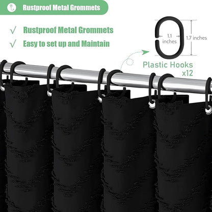 Farmhouse Shower Curtain, Black Fabric Tufted Chevron Stripe Textured Tassel Bathroom Shower Curtain, Waterproof, Simple Ruffle Fabric Shower Curtain Set with Hooks, 72x72