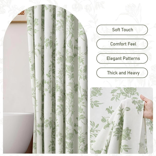 Waterproof Fabric Shower Curtain with Green Botanical Print | 72” W x 72” L | Anti-Mildew Polyester Bath Curtain with 12 Hooks | Vintage Cottagecore Style