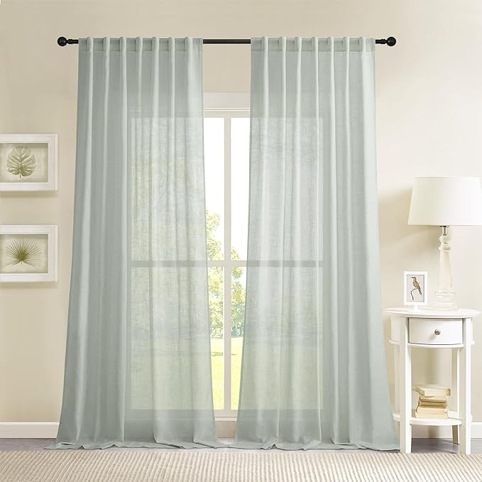 Natural Linen Green Semi-Sheer Curtains 54 Inch Long 2-Piece Set for Bedroom Living Room, Back Trolley Pocket Farmhouse Bohemian Linen Textured Light Filtering Curtains, Sage Green