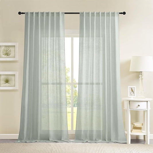 Natural Linen Green Semi-Sheer Curtains 54 Inch Long 2-Piece Set for Bedroom Living Room, Back Trolley Pocket Farmhouse Bohemian Linen Textured Light Filtering Curtains, Sage Green