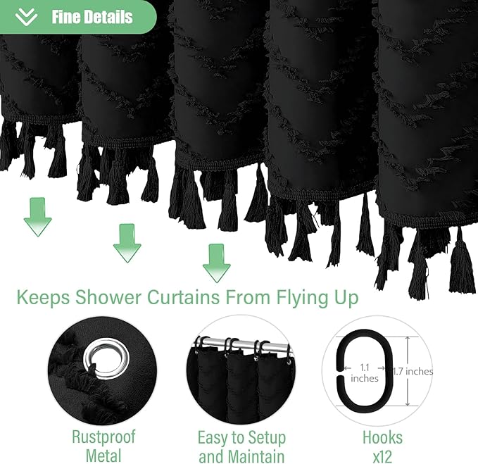 Farmhouse Shower Curtain, Black Fabric Tufted Chevron Stripe Textured Tassel Bathroom Shower Curtain, Waterproof, Simple Ruffle Fabric Shower Curtain Set with Hooks, 72x72