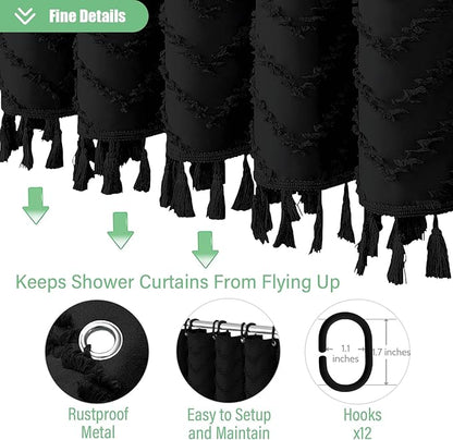 Farmhouse Shower Curtain, Black Fabric Tufted Chevron Stripe Textured Tassel Bathroom Shower Curtain, Waterproof, Simple Ruffle Fabric Shower Curtain Set with Hooks, 72x72
