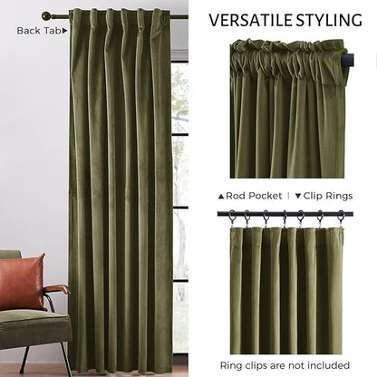 Olive green velvet curtains 84 inches long for living room, blackout thermal insulation curtains for bedroom, rear pull ring modern living room window treatments, 52x84 inches long, olive green