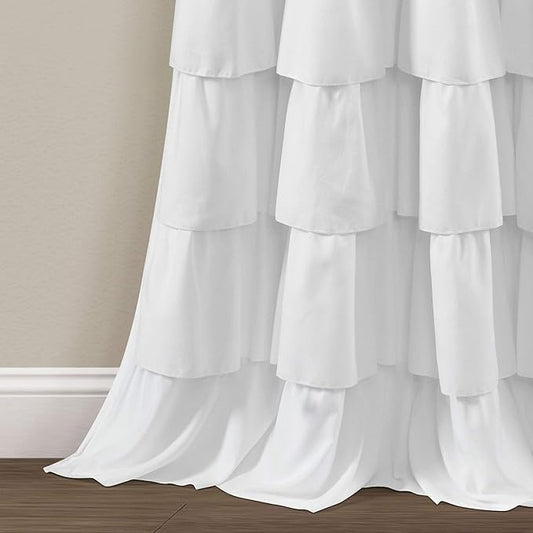 White Ruffled Tiered Curtain, 50×84 Inches Single Panel, Romantic Pleated Window Decoration