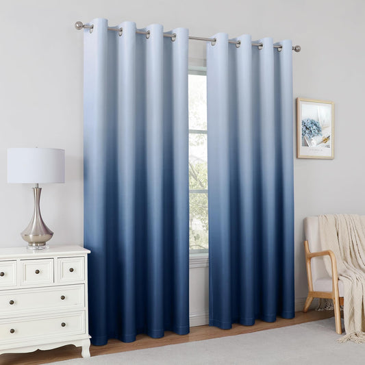 Navy Blue Gradient Blackout Curtains 52 x 84 Inches Long Gradient Room Blackout Insulation Energy Saving Grommet 2 Panel Curtains for Living Room, Bedroom