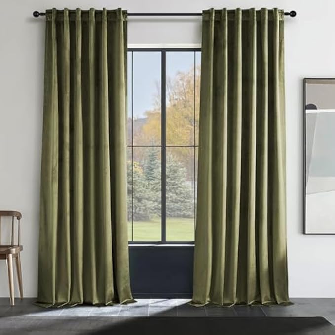 Olive green velvet curtains 84 inches long for living room, blackout thermal insulation curtains for bedroom, rear pull ring modern living room window treatments, 52x84 inches long, olive green