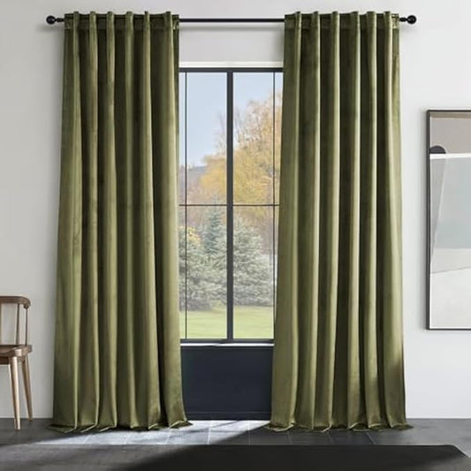 Olive green velvet curtains 84 inches long for living room, blackout thermal insulation curtains for bedroom, rear pull ring modern living room window treatments, 52x84 inches long, olive green