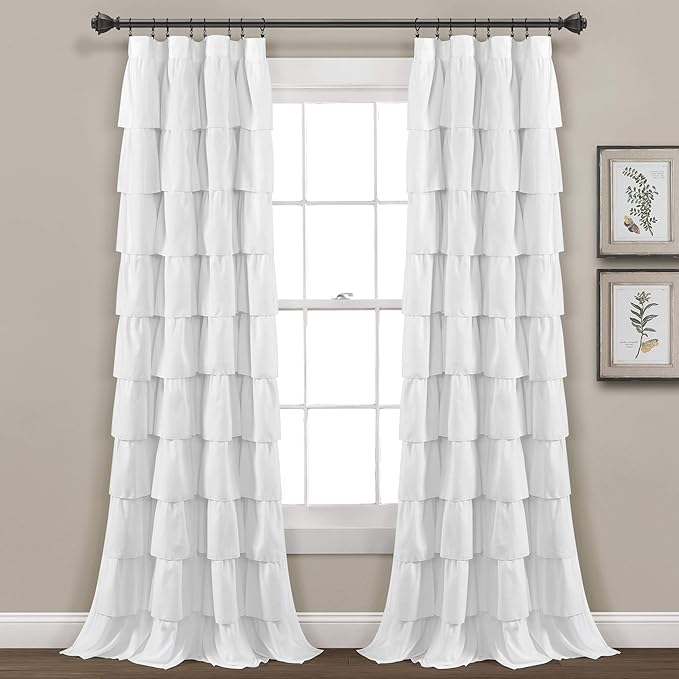 White Ruffled Tiered Curtain, 50×84 Inches Single Panel, Romantic Pleated Window Decoration