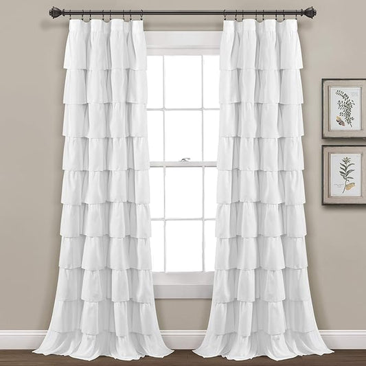 White Ruffled Tiered Curtain, 50×84 Inches Single Panel, Romantic Pleated Window Decoration