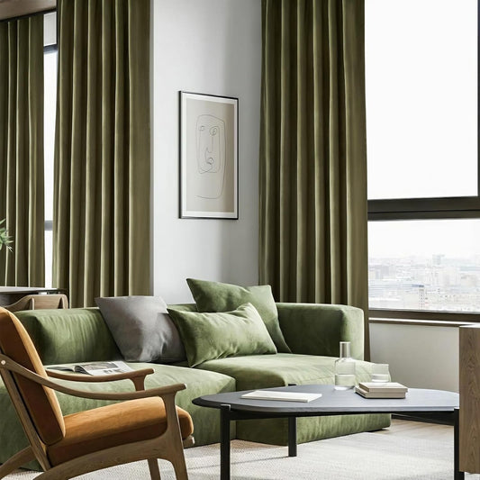 Olive green velvet curtains 84 inches long for living room, blackout thermal insulation curtains for bedroom, rear pull ring modern living room window treatments, 52x84 inches long, olive green