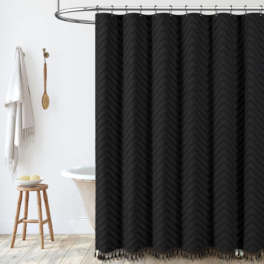 Farmhouse Shower Curtain, Black Fabric Tufted Chevron Stripe Textured Tassel Bathroom Shower Curtain, Waterproof, Simple Ruffle Fabric Shower Curtain Set with Hooks, 72x72
