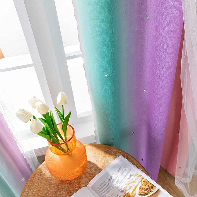 Girls Bedroom Decorative Curtains, Rainbow Blackout Curtains, Kids Room Decor, Purple, Perfect for Little Girls' Rooms, Unicorn Wall Sticker, Pink Curtains, Green, 63 Inches Long, 34 Inches Wide, 1 Piece