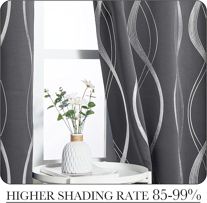 Gray Blackout Curtains for Bedroom/Living Room, 84" Long, 2-Pack, Noise Reducing Insulation Wavy Line Foil Print Curtains for Patio Sliding Glass Doors (52 x 84)