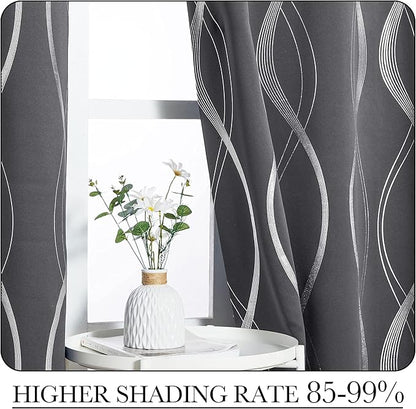 Gray Blackout Curtains for Bedroom/Living Room, 84" Long, 2-Pack, Noise Reducing Insulation Wavy Line Foil Print Curtains for Patio Sliding Glass Doors (52 x 84)