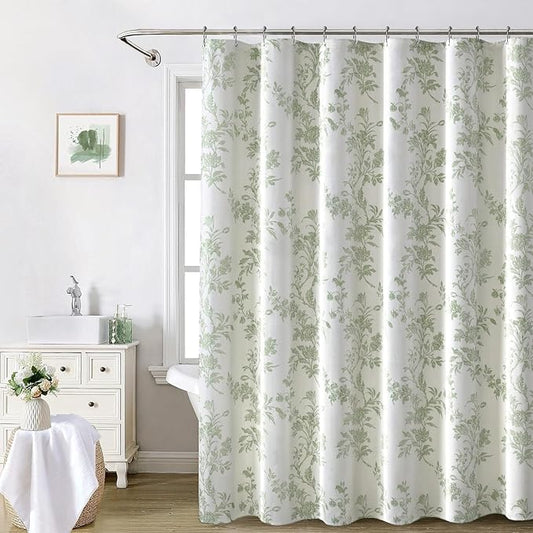 Waterproof Fabric Shower Curtain with Green Botanical Print | 72” W x 72” L | Anti-Mildew Polyester Bath Curtain with 12 Hooks | Vintage Cottagecore Style