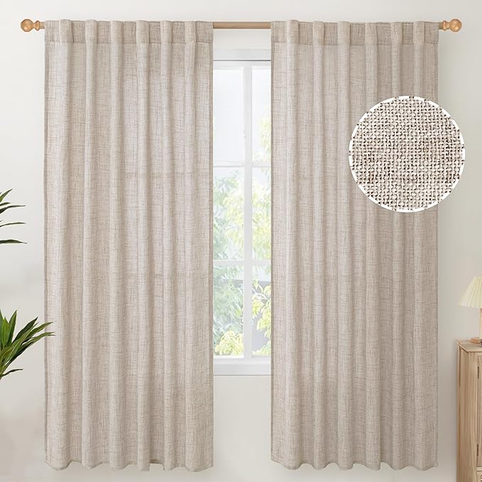 Linen Semi-Sheer Curtains, 2-Pack, 72" Long, for Living Rooms - Light-Filtering Curtains with Rod Pocket and Back Pulls, Country Beige Window Treatments, for Dining Rooms and Bedrooms, 52 X 72"