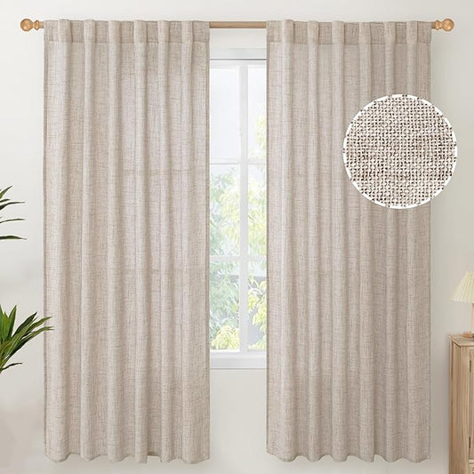 Linen Semi-Sheer Curtains, 2-Pack, 72" Long, for Living Rooms - Light-Filtering Curtains with Rod Pocket and Back Pulls, Country Beige Window Treatments, for Dining Rooms and Bedrooms, 52 X 72"