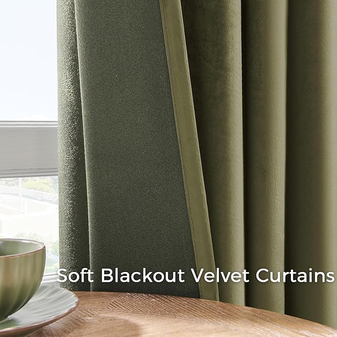 Olive green velvet curtains 84 inches long for living room, blackout thermal insulation curtains for bedroom, rear pull ring modern living room window treatments, 52x84 inches long, olive green