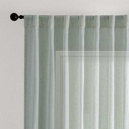 Natural Linen Green Semi-Sheer Curtains 54 Inch Long 2-Piece Set for Bedroom Living Room, Back Trolley Pocket Farmhouse Bohemian Linen Textured Light Filtering Curtains, Sage Green