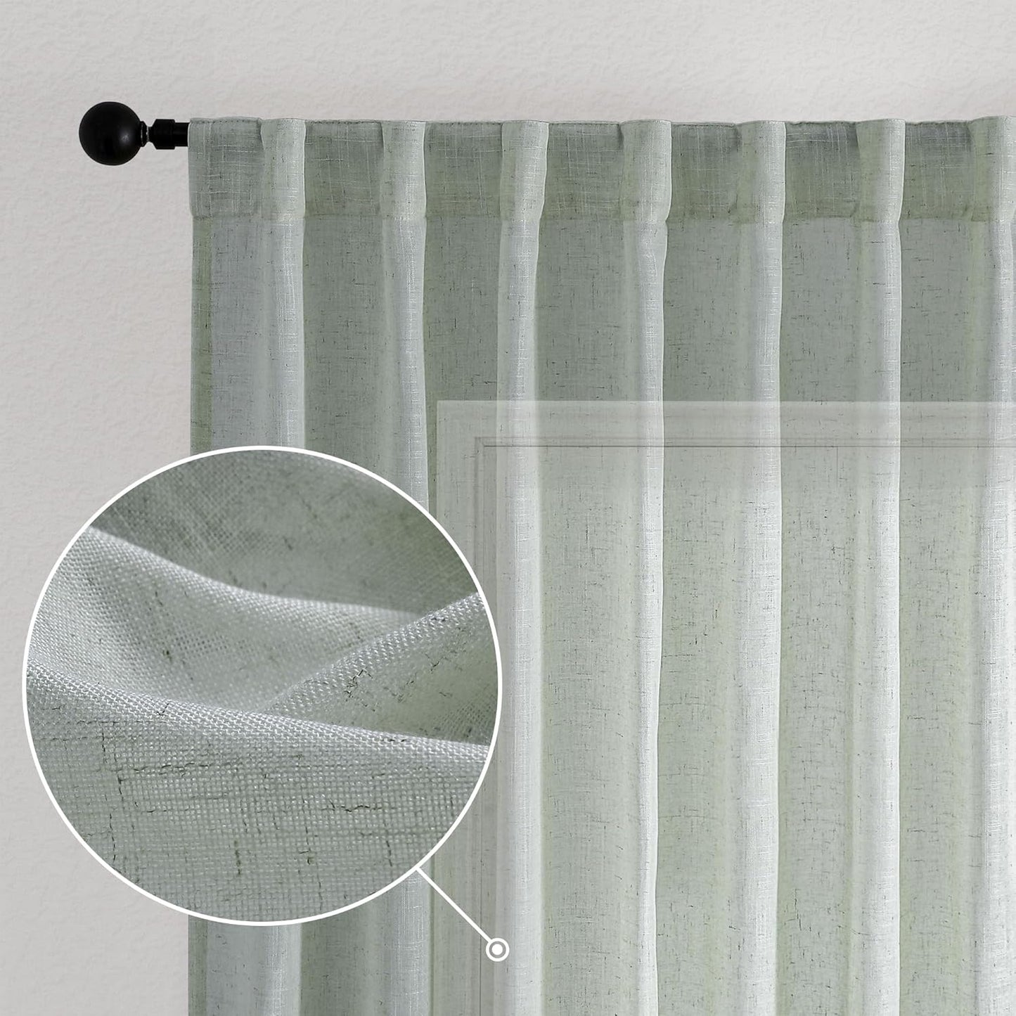 Natural Linen Green Semi-Sheer Curtains 54 Inch Long 2-Piece Set for Bedroom Living Room, Back Trolley Pocket Farmhouse Bohemian Linen Textured Light Filtering Curtains, Sage Green