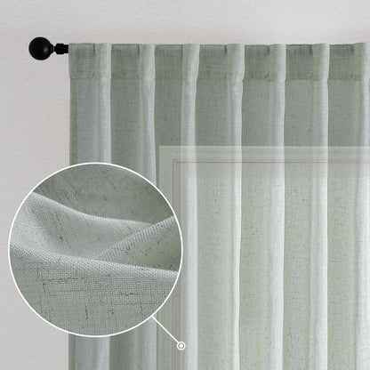 Natural Linen Green Semi-Sheer Curtains 54 Inch Long 2-Piece Set for Bedroom Living Room, Back Trolley Pocket Farmhouse Bohemian Linen Textured Light Filtering Curtains, Sage Green
