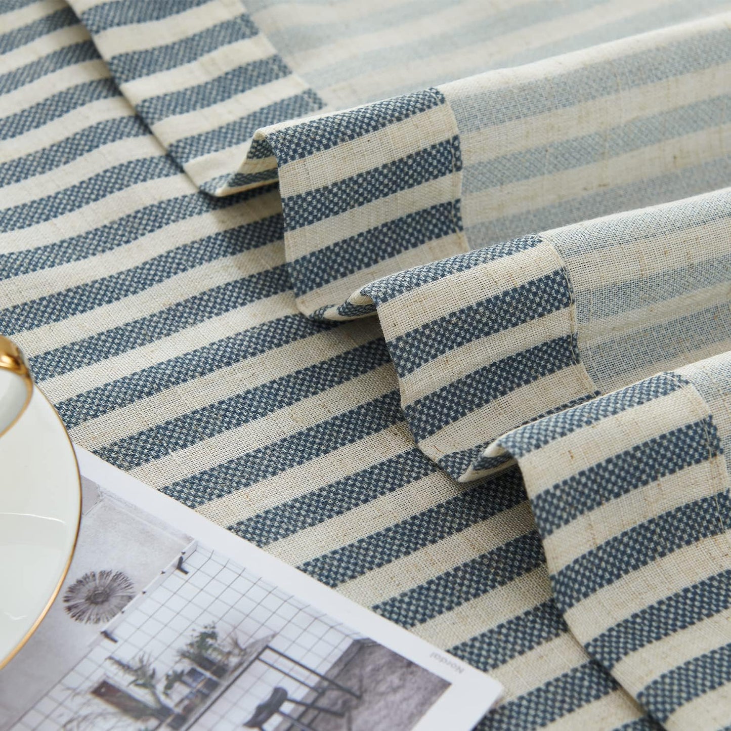 Linen Blend Striped Curtains Blue Pinstripe Print Beige Curtains 84 Inches Long for Living Room Bedroom Grommet Top 2 Panels