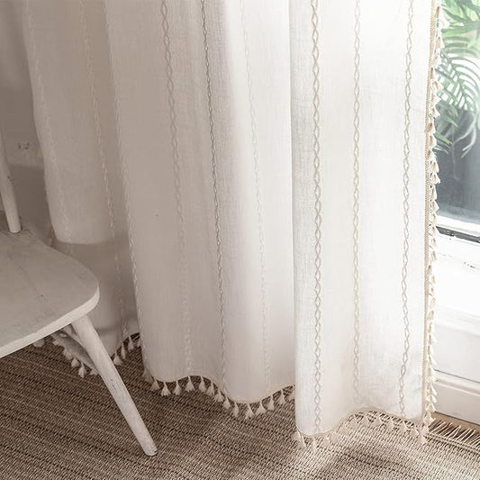 White Bohemian Curtains 84 Inches Long for Bedroom Living Room, Cream Chic Linen Cotton Embroidery Semi-Blackout Bohemian Farmhouse Curtains with Vintage Tassels, 1 Panel 52 Inches Wide x 84 Inches Long