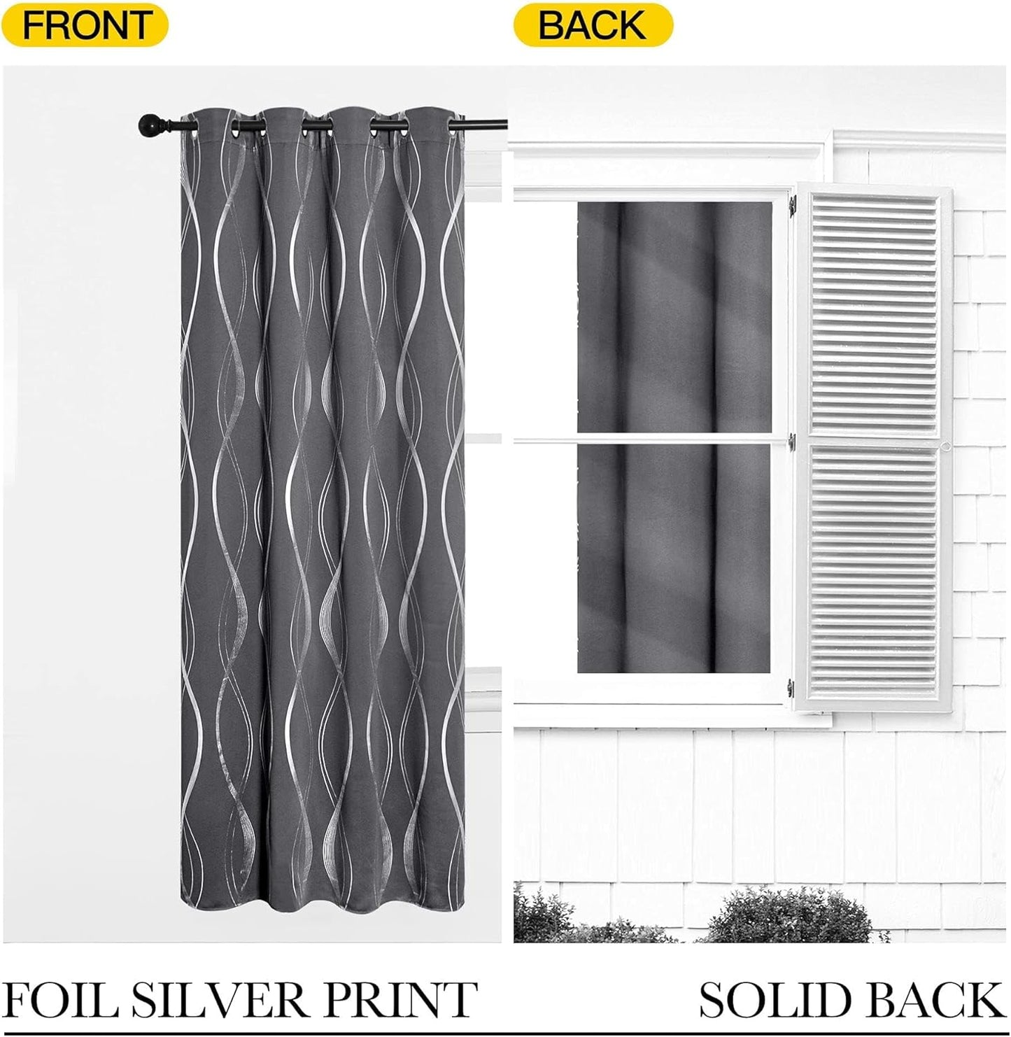Gray Blackout Curtains for Bedroom/Living Room, 84" Long, 2-Pack, Noise Reducing Insulation Wavy Line Foil Print Curtains for Patio Sliding Glass Doors (52 x 84)