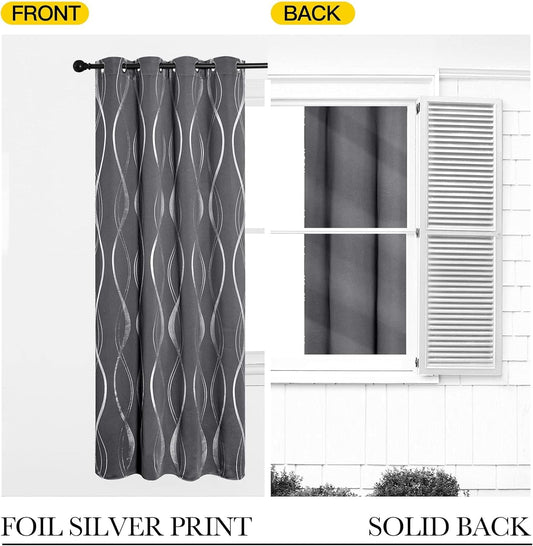 Gray Blackout Curtains for Bedroom/Living Room, 84" Long, 2-Pack, Noise Reducing Insulation Wavy Line Foil Print Curtains for Patio Sliding Glass Doors (52 x 84)