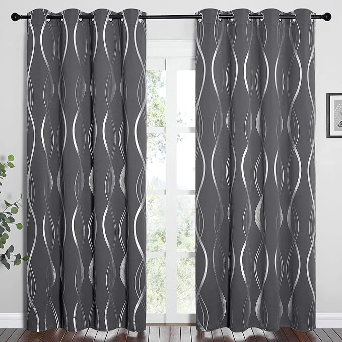 Gray Blackout Curtains for Bedroom/Living Room, 84" Long, 2-Pack, Noise Reducing Insulation Wavy Line Foil Print Curtains for Patio Sliding Glass Doors (52 x 84)