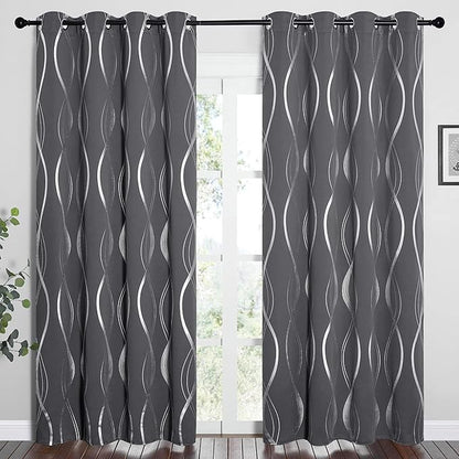 Gray Blackout Curtains for Bedroom/Living Room, 84" Long, 2-Pack, Noise Reducing Insulation Wavy Line Foil Print Curtains for Patio Sliding Glass Doors (52 x 84)