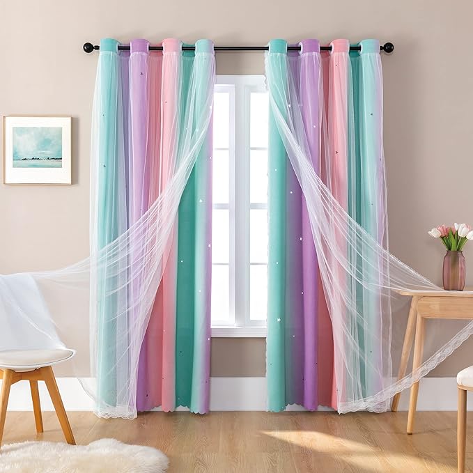 Girls Bedroom Decorative Curtains, Rainbow Blackout Curtains, Kids Room Decor, Purple, Perfect for Little Girls' Rooms, Unicorn Wall Sticker, Pink Curtains, Green, 63 Inches Long, 34 Inches Wide, 1 Piece