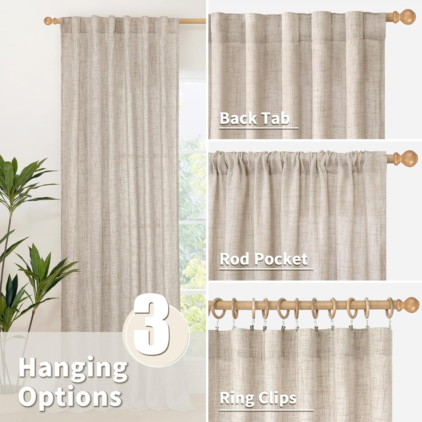Linen Semi-Sheer Curtains, 2-Pack, 72" Long, for Living Rooms - Light-Filtering Curtains with Rod Pocket and Back Pulls, Country Beige Window Treatments, for Dining Rooms and Bedrooms, 52 X 72"