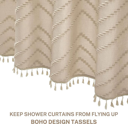 Boho Farmhouse Shower Curtain Woven Fabric Cute Beige Shower Curtain, 72 x 72 Tufted Chevron Textured Striped Modern Farmhouse Minimalist for Bathroom