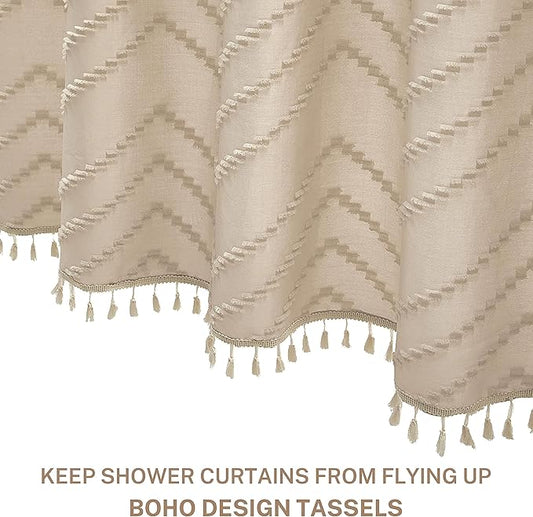 Boho Farmhouse Shower Curtain Woven Fabric Cute Beige Shower Curtain, 72 x 72 Tufted Chevron Textured Striped Modern Farmhouse Minimalist for Bathroom