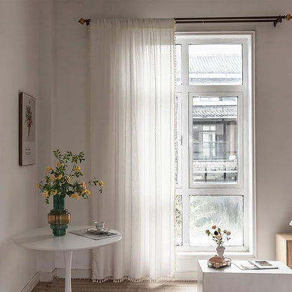 White Bohemian Curtains 84 Inches Long for Bedroom Living Room, Cream Chic Linen Cotton Embroidery Semi-Blackout Bohemian Farmhouse Curtains with Vintage Tassels, 1 Panel 52 Inches Wide x 84 Inches Long