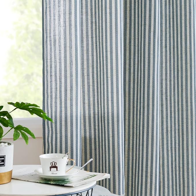 Linen Blend Striped Curtains Blue Pinstripe Print Beige Curtains 84 Inches Long for Living Room Bedroom Grommet Top 2 Panels