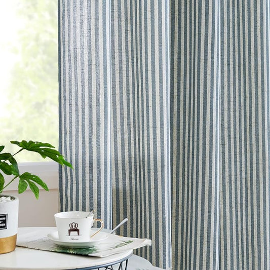 Linen Blend Striped Curtains Blue Pinstripe Print Beige Curtains 84 Inches Long for Living Room Bedroom Grommet Top 2 Panels
